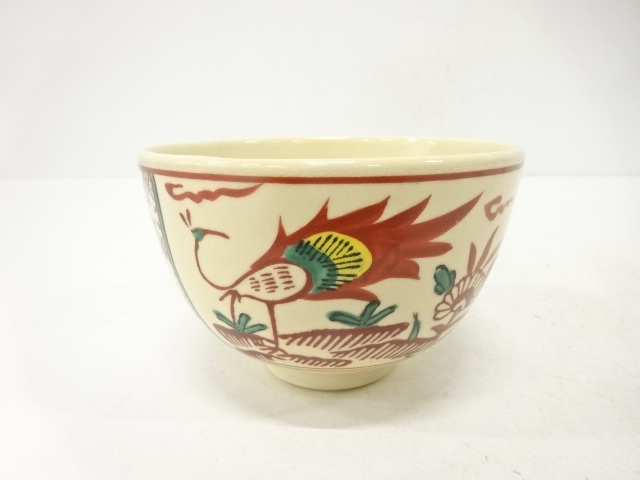 JAPANESE TEA CEREMONY / TEA BOWL CHAWAN / AKAE / FLOWER & BIRD / ARTISAN WORK